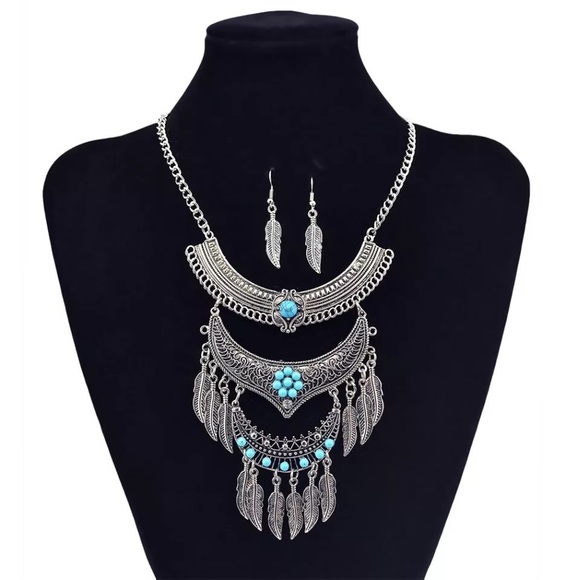 🌸 4PC TEAL NECKLACE BRACELET EARRINGS RING BOHO - Picture 5 of 6